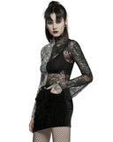 Punk Rave Womens Gothic Poison Ivy Sheer Mesh Split Top - Black & White