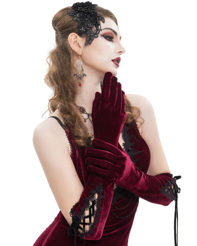 Devil Fashion Womens Long Gothic Velvet Lace-Up Evening Gloves - Red