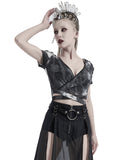 Punk Rave Womens Apocalyptic Goth Crop T Shirt Top Grey Tie Dye Shredded Grunge