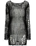 Punk Rave Womens Shredded Broken Knit Sweater Top - Black