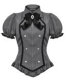 Dark In Love Dark Preppy Corporate Gothic Military Style Blouse Top - Grey & Black