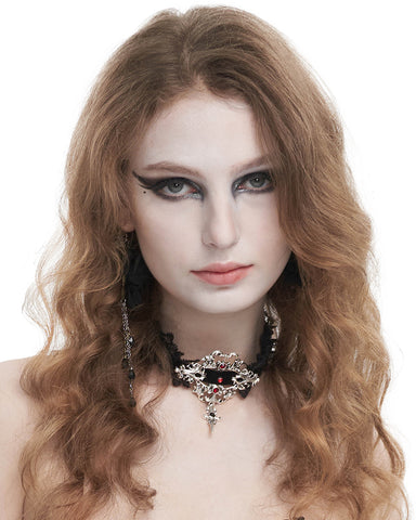 Devil Fashion Womens Gothic Velvet & Lace Choker Collar - Black & Red