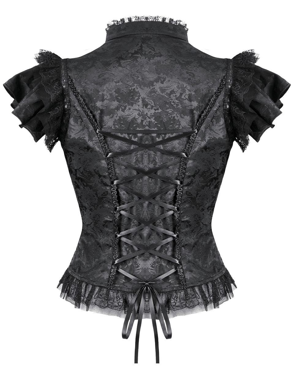 Dark In Love Womens Gothic Jacquard & Lace Keyhole Blouse Top 