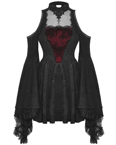 Dark In Love Dark Gothic Vampire Jacquard Flare-Sleeve Dress - Black & Red