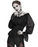 Devil Fashion Callistus Womens Steampunk Off Shoulder Gypsy Top - Black Lace
