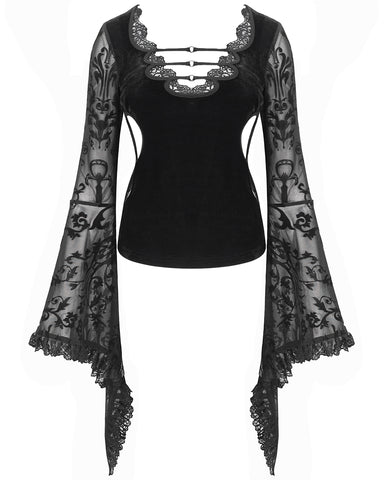 Devil Fashion Womens Victorian Gothic Velvet & Damask Mesh Blouse Top