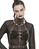 Devil Fashion Steampunk Harness Collar Straps Distressed Brown PU Bronze Chains