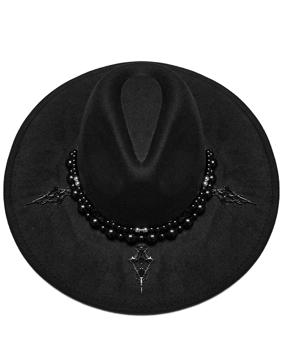 Punk Rave Daily Life Womens Gothic Beaded Wide Brim Fedora Hat