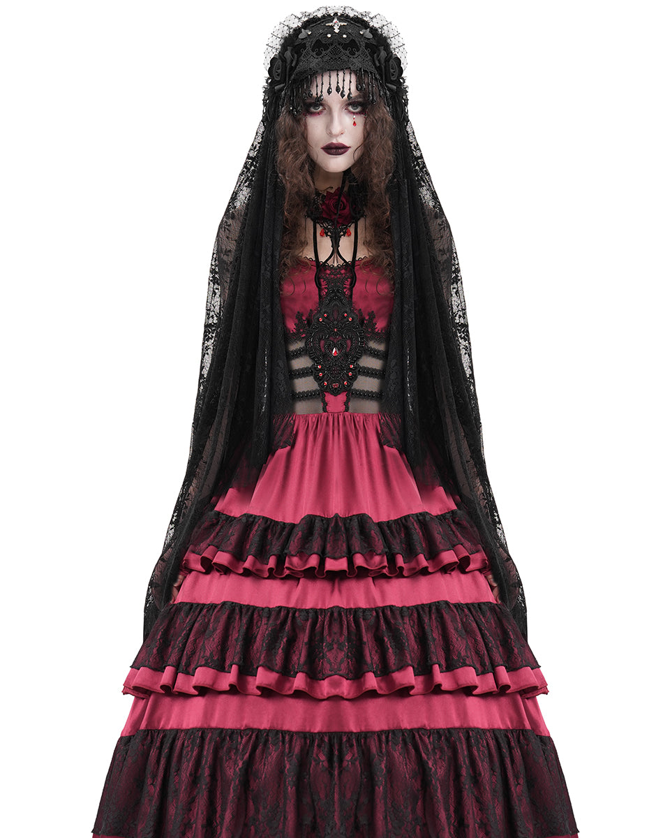 Eva Lady Womens Elegant Gothic Crucifix Embellished Corset With Fringed Mesh Train main image 1