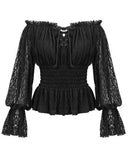 Devil Fashion Callistus Womens Steampunk Off Shoulder Gypsy Top - Black Lace