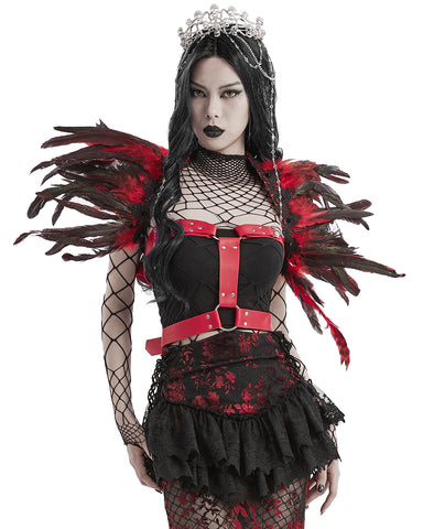 Punk Rave Womens Burlesque Gothic Vixen Feathered Harness - Black & Red