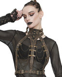 Devil Fashion Steampunk Harness Collar Straps Distressed Brown PU Bronze Chains