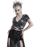 Punk Rave Womens Apocalyptic Goth Crop T Shirt Top Grey Tie Dye Shredded Grunge
