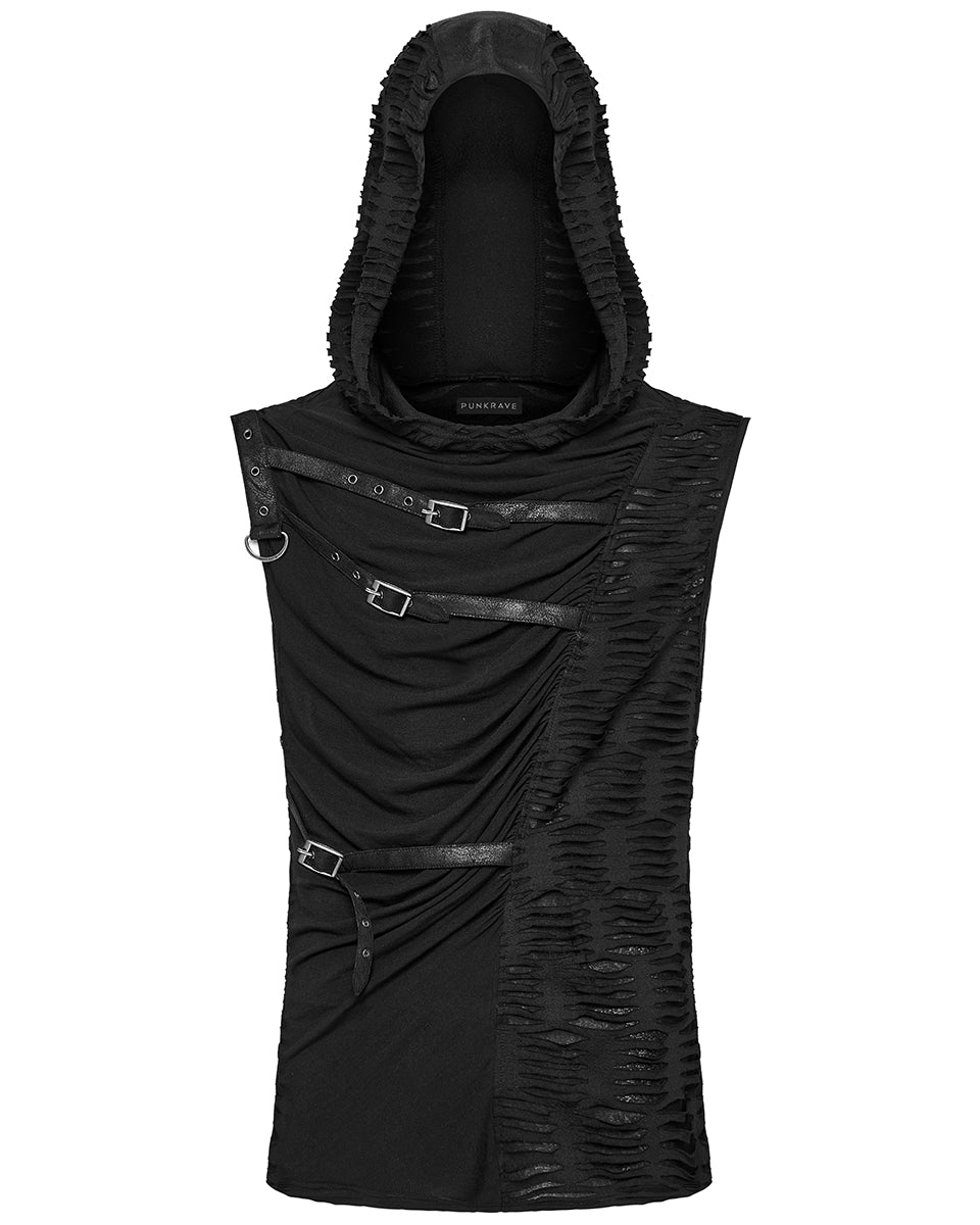 Punk Rave Mens Apocalyptic Gothic Spliced & Shredded Hooded Tank