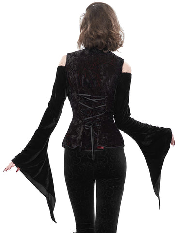 Eva Lady Dark Vampire Velvet Cold Shoulder Blouse - Black & Red