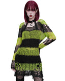 Punk Rave Womens Shredded Broken Knit Sweater Top - Black & Green Stripe
