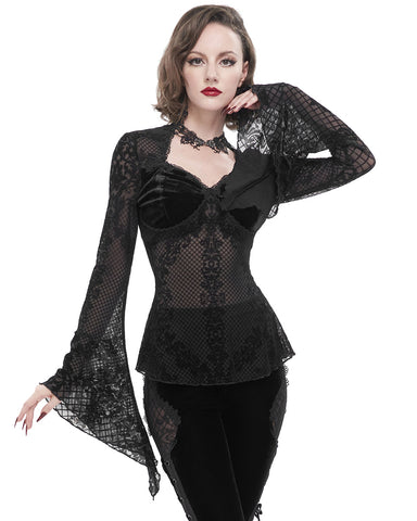 Eva Lady Dark Gothic Velvet Flocked Mesh Blouse Top
