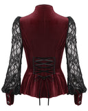 Eva Lady Womens Gothic Courtesan Lace & Velvet Ruffle Blouse - Red & Black