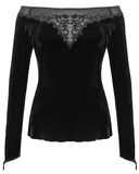Devil Fashion Incediara Womens Gothic Velvet & Lace Off Shoulder Top