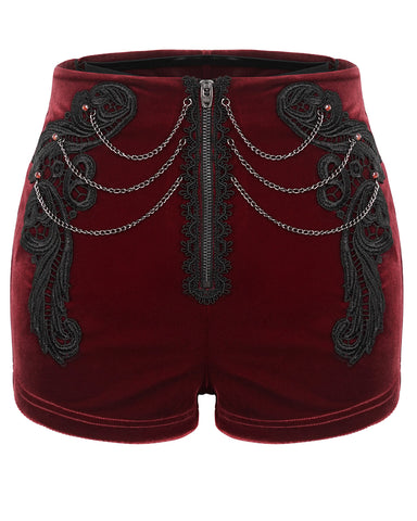 Devil Fashion Womens Gothic Lolita Lace Applique Velvet Hot Pants - Red