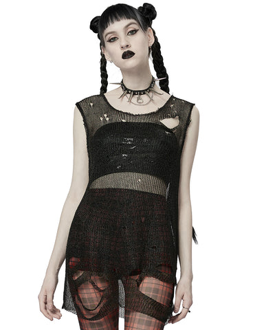 Punk Rave Womens Apocalyptic Grunge Shredded Faux Chainmail Sleeveless Sweater