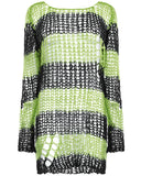 Punk Rave Womens Shredded Broken Knit Sweater Top - Black & Green Stripe