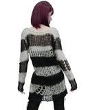 Punk Rave Womens Shredded Broken Knit Sweater Top - Black & White Stripe