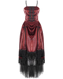 Devil Fashion Long Gothic Ball Gown Prom Wedding Dress Red Tafetta Black Lace