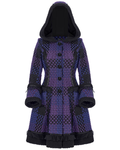 Pyon Pyon Womens Gothic Lolita Hooded Coat - Black & Purple Check
