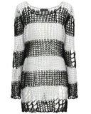 Punk Rave Womens Shredded Broken Knit Sweater Top - Black & White Stripe