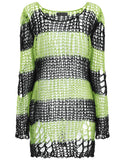 Punk Rave Womens Shredded Broken Knit Sweater Top - Black & Green Stripe