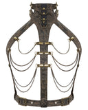 Devil Fashion Steampunk Harness Collar Straps Distressed Brown PU Bronze Chains