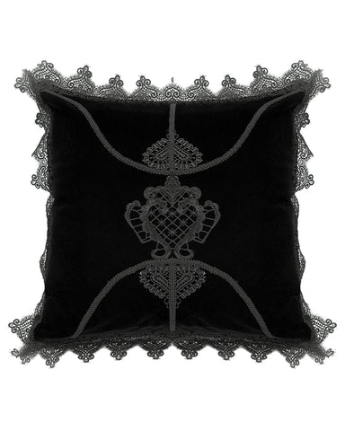 Punk Rave Gothic Home Lace Applique Filled Cushion - Black Velvet
