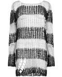 Punk Rave Womens Shredded Broken Knit Sweater Top - Black & White Stripe