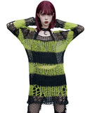 Punk Rave Womens Shredded Broken Knit Sweater Top - Black & Green Stripe
