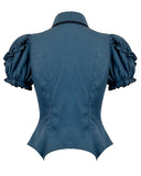 Dark In Love Womens Gothic Striped Puff-Sleeve Blouse Top & Bat Cravat - Blue