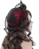Devil Fashion Womens Baroque Gothic Rose Embellished Hat - Black & Red