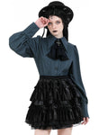 Dark In Love Preppy Gothic Lolita Doll Blouse Top With Ruffled Cravat Tie - Blue