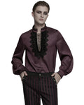 Punk Rave Mens Gothic Embossed Print Lace-Up Pirate Shirt - Red