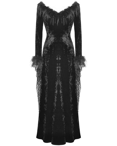 Dark In Love Long Gothic Velvet  Maxi Dress With Faux Fur & Mesh Trim