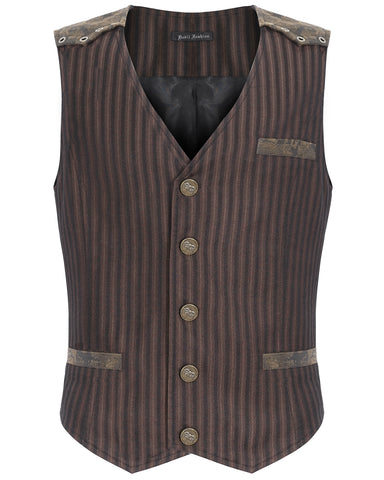 Devil Fashion Mens Tennyson Striped Steampunk Waistcoat - Brown -