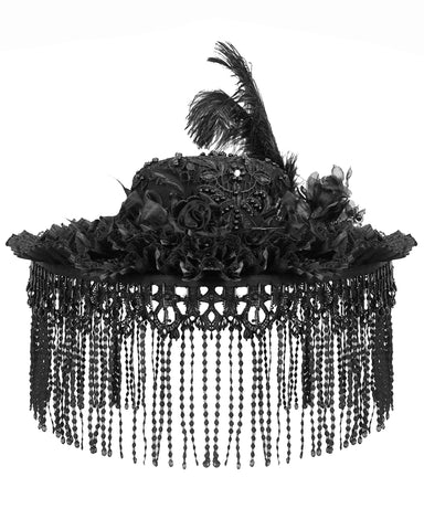 Eva Lady Womens Gothic Lolita Fringed Feather Rose Wide Brim Mourning Hat