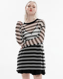Punk Rave Daily Life Casual Punk Fishnet Mesh Striped Sweater Top - Black & White