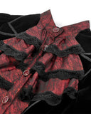 Dark In Love Womens Gothic Velvet & Jacquard Faux Two-Piece Tail Coat Frock Jacket - Black & Red