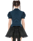 Dark In Love Womens Gothic Striped Puff-Sleeve Blouse Top & Bat Cravat - Blue