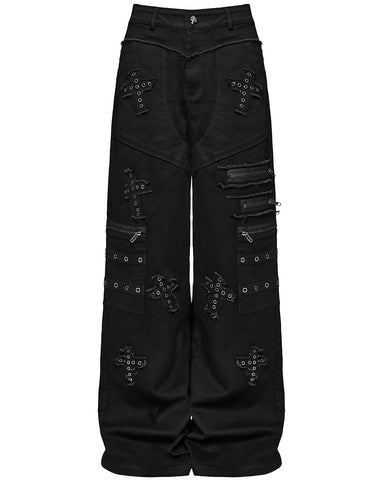 Punk Rave Womens Apocalyptic Gothic Cut & Sew Crucifix Cargo Pants