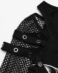 Punk Rave Womens Gothic Vampire Bat Printed Top With Fishnet Sleeves