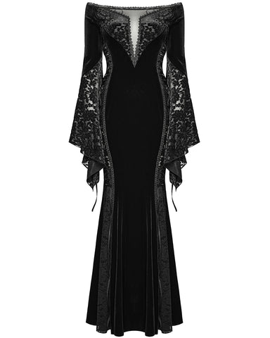 Punk Rave Womens Long Gothic Off Shoulder Maxi Dress With Devore Velvet Contrasts