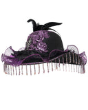 Eva Lady Womens Gothic Beaded & Feathered Wide Brim Mourning Hat - Black & Purple