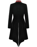 Dark In Love Womens Gothic Velvet & Jacquard Faux Two-Piece Tail Coat Frock Jacket - Black & Red